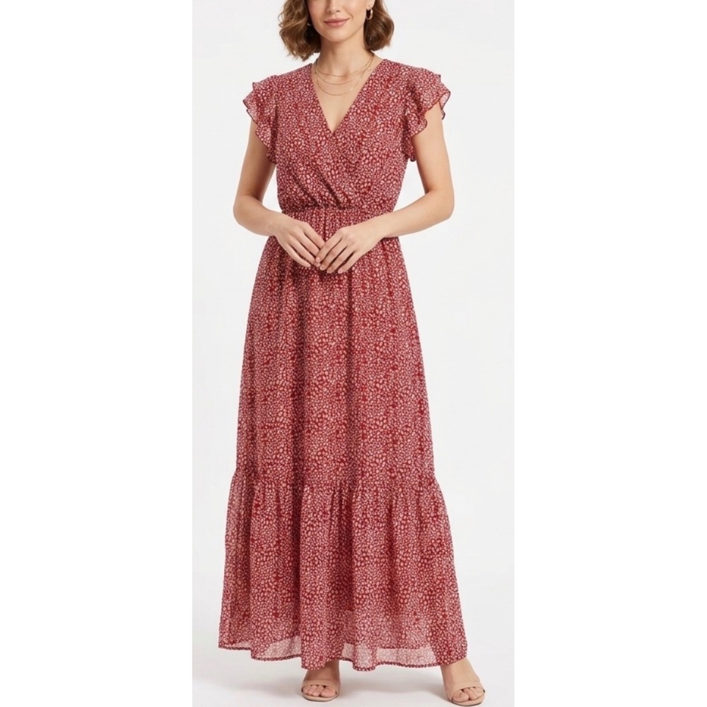 NWOT Floral Animal Print Flutter Sleeve Wrap V Neck Tiered Maxi Dress Sz Medium